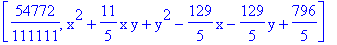 [54772/111111, x^2+11/5*x*y+y^2-129/5*x-129/5*y+796/5]